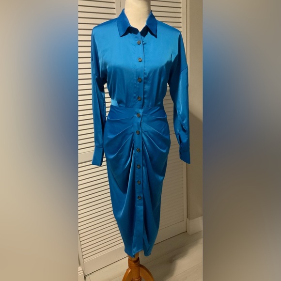 BTFBM Blue Satin Button-Down Ruched Midi Shirt Dress w/ Belt – Size M - Picture 1 of 7